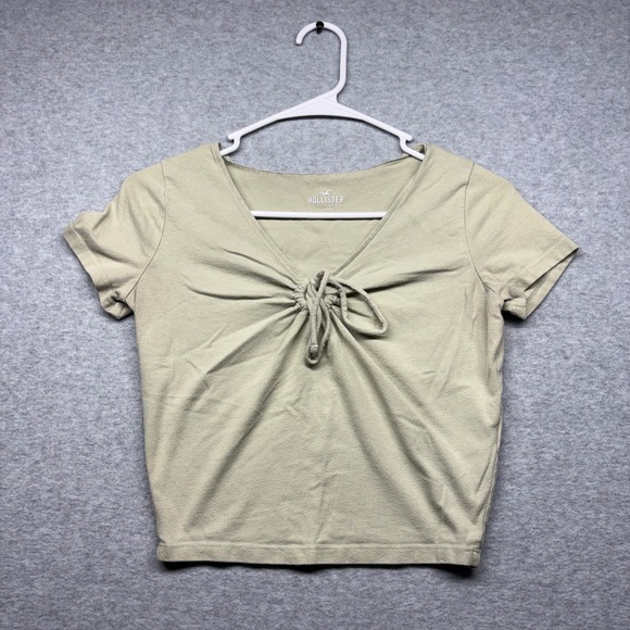 Hollister Tops - Hollister Womens Sage Green Tie Front Cinched V-Neck Short Sleeve Crop Top Small